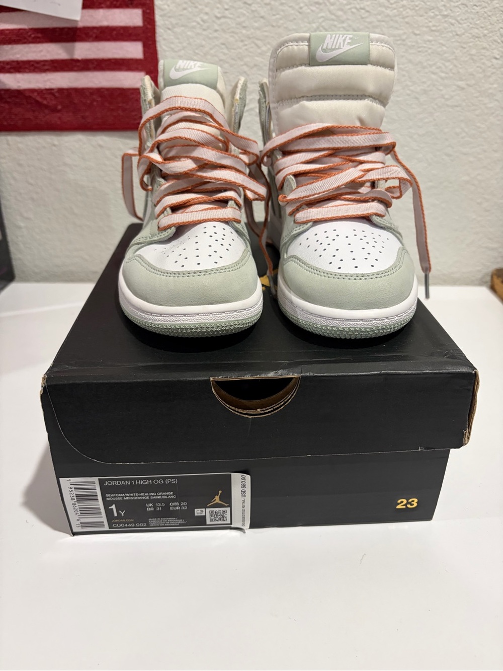 Jordan Kids' High Top Sneakers in White, Light Green & Peach